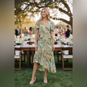 Millie Summer Garden Floral Cotton Wrap Asymmetrical Midi Dress Size Large NWT